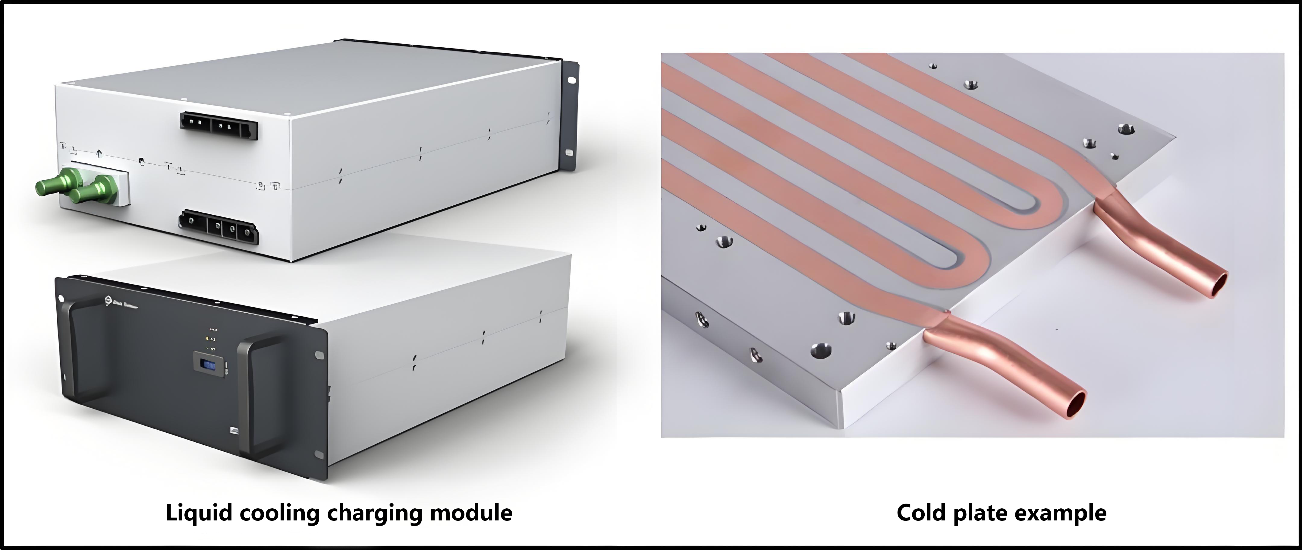 the front and back of the liquid-cooled module do not have any air ducts, and the module relies on the coolant circulating inside the liquid cold plate to exchange heat with the outside world, so that the power part of the charging pile can be fully enclosed, the radiator is placed externally, and the heat is brought to the radiator through the coolant inside, and the external air blows away the heat on the radiator surface. 